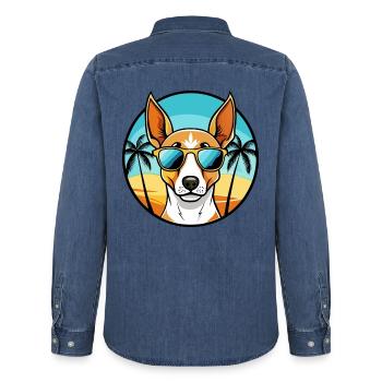 Ibizan Hound Hund Rasse Cartoon Sonnenbrille Strand - Männer Jeanshemd Organic von Stanley/Stella - verwaschenes Mittelblau  - Hinten - AI Model Male 185 light (185cm)