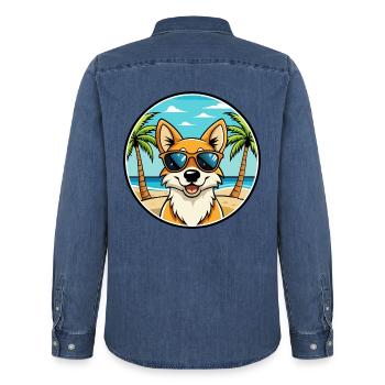 Lunettes de soleil de dessin animé de race de chien chantant de Nouvelle-Guinée - Chemise en denim homme bio Stanley/Stella - bleu moyen délavé  - Dos - AI Model Male 185 light (185cm)