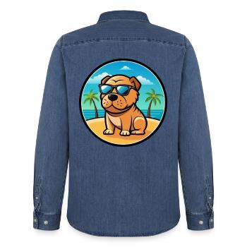 Miniatur Shar Pei Hunderasse Cartoon Sonnenbrille - Männer Jeanshemd Organic von Stanley/Stella - verwaschenes Mittelblau  - Hinten - AI Model Male 185 light (185cm)