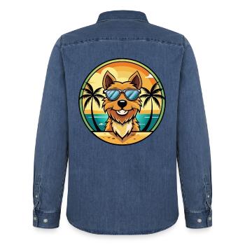Jagdterrier Chien Race Dessin Animé Lunettes De Soleil Plage - Chemise en denim homme bio Stanley/Stella - bleu moyen délavé  - Dos - AI Model Male 185 light (185cm)