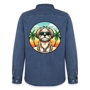 Malteser Shih Tzu Hund Rasse Cartoon Sonnenbrille Strand - Männer Jeanshemd Organic von Stanley/Stella - verwaschenes Mittelblau  - Hinten - AI Model Male 185 light (185cm)