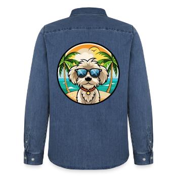 Maltipoo Chien Race Dessin Animé Lunettes de Soleil Plage - Chemise en denim homme bio Stanley/Stella - bleu moyen délavé  - Dos - AI Model Male 185 light (185cm)