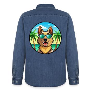 Majorca Shepherd Dog Breed Cartoon Sunglass Beach - Men’s Organic Denim Shirt by Stanley/Stella - mid washy  - Back - AI Model Male 185 light (185cm)