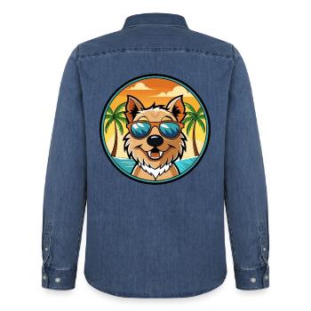 Lucas Terrier Chien Race Dessin Animé Lunettes de Soleil Plage - Chemise en denim homme bio Stanley/Stella - bleu moyen délavé  - Dos - AI Model Male 185 light (185cm)