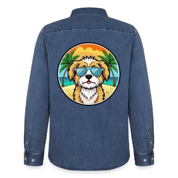 Lhassa Apso Chien Race Dessin Animé Lunettes De Soleil Plage - Chemise en denim homme bio Stanley/Stella - bleu moyen délavé  - Dos - AI Model Male 185 light (185cm)