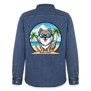 Keeshond Hunderasse Cartoon Sonnenbrille Strand - Männer Jeanshemd Organic von Stanley/Stella - verwaschenes Mittelblau  - Hinten - AI Model Male 185 light (185cm)