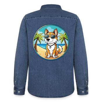 Karelo Finnische Laika Hunderasse Cartoon Sonnenbrille - Männer Jeanshemd Organic von Stanley/Stella - verwaschenes Mittelblau  - Hinten - AI Model Male 185 light (185cm)