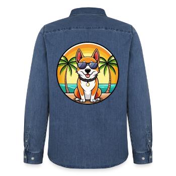 Japanischer Terrier Hund Rasse Cartoon Sonnenbrille Strand - Männer Jeanshemd Organic von Stanley/Stella - verwaschenes Mittelblau  - Hinten - AI Model Male 185 light (185cm)