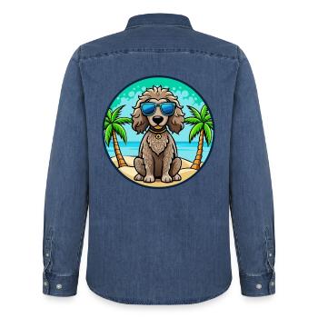 Irish Water Spaniel Hunderasse Cartoon Sonnenbrille - Männer Jeanshemd Organic von Stanley/Stella - verwaschenes Mittelblau  - Hinten - AI Model Male 185 light (185cm)