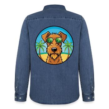 Irish Terrier Hunderasse Cartoon Sonnenbrille Strand - Männer Jeanshemd Organic von Stanley/Stella - verwaschenes Mittelblau  - Hinten - AI Model Male 185 light (185cm)
