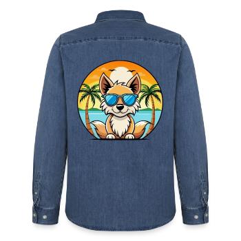 Indischer Spitz Hund Rasse Cartoon Sonnenbrille Strand - Männer Jeanshemd Organic von Stanley/Stella - verwaschenes Mittelblau  - Hinten - AI Model Male 185 light (185cm)