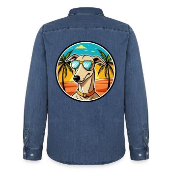 Windhund Hund Rasse Cartoon Sonnenbrille Strand - Männer Jeanshemd Organic von Stanley/Stella - verwaschenes Mittelblau  - Hinten - AI Model Male 185 light (185cm)