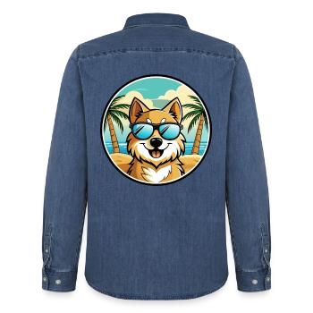 Deutscher Spitz Hund Rasse Cartoon Sonnenbrille Strand - Männer Jeanshemd Organic von Stanley/Stella - verwaschenes Mittelblau  - Hinten - AI Model Male 185 light (185cm)