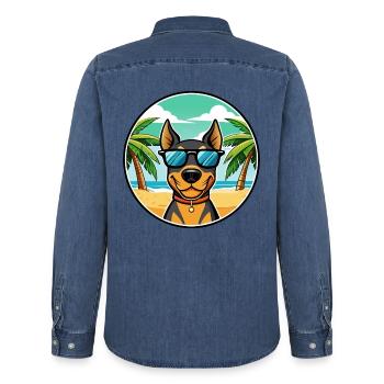 Deutscher Pinscher Hund Rasse Cartoon Sonnenbrille Strand - Männer Jeanshemd Organic von Stanley/Stella - verwaschenes Mittelblau  - Hinten - AI Model Male 185 light (185cm)