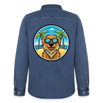 Friesische Wasserhundrasse Cartoon Sonnenbrille Strand - Männer Jeanshemd Organic von Stanley/Stella - verwaschenes Mittelblau  - Hinten - AI Model Male 185 light (185cm)