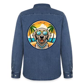 Flach beschichtete Retriever Hunderasse Cartoon Sonnenbrille - Männer Jeanshemd Organic von Stanley/Stella - verwaschenes Mittelblau  - Hinten - AI Model Male 185 light (185cm)