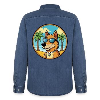 Friesischer Vorstehhund Rasse Cartoon Sonnenbrille Strand - Männer Jeanshemd Organic von Stanley/Stella - verwaschenes Mittelblau  - Hinten - AI Model Male 185 light (185cm)