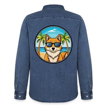 Finnischer Spitz Hund Rasse Cartoon Sonnenbrille Strand - Männer Jeanshemd Organic von Stanley/Stella - verwaschenes Mittelblau  - Hinten - AI Model Male 185 light (185cm)