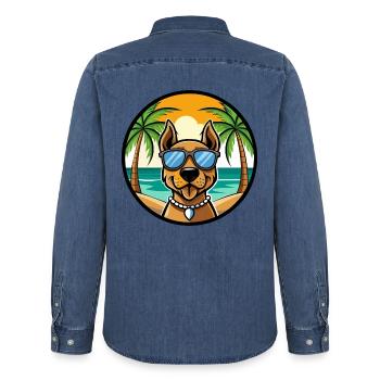 Finnischer Jagdhund Rasse Cartoon Sonnenbrille Strand - Männer Jeanshemd Organic von Stanley/Stella - verwaschenes Mittelblau  - Hinten - AI Model Male 185 light (185cm)