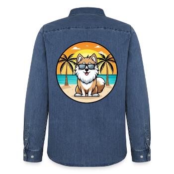 Finnischer Lapphund Hund Rasse Cartoon Sonnenbrille Strand - Männer Jeanshemd Organic von Stanley/Stella - verwaschenes Mittelblau  - Hinten - AI Model Male 185 light (185cm)
