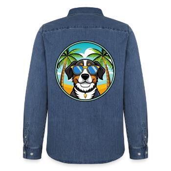 Entlebucher Sennenhund Rasse Cartoon Sonnenbrille - Männer Jeanshemd Organic von Stanley/Stella - verwaschenes Mittelblau  - Hinten - AI Model Male 185 light (185cm)