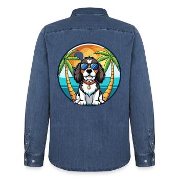 English Springer Spaniel Hunderasse Cartoon Beach - Männer Jeanshemd Organic von Stanley/Stella - verwaschenes Mittelblau  - Hinten - AI Model Male 185 light (185cm)