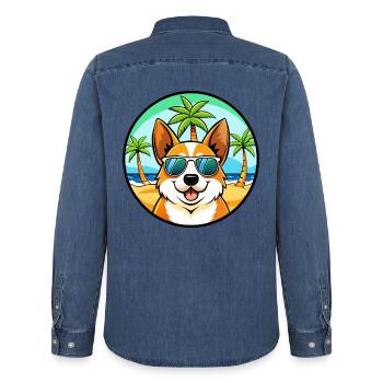 Corgi Hund Rasse Cartoon Sonnenbrille Strand - Männer Jeanshemd Organic von Stanley/Stella - verwaschenes Mittelblau  - Hinten - AI Model Male 185 light (185cm)