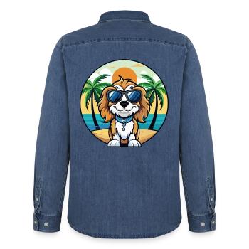 Cavalier Chien Race Dessin Animé Lunettes de Soleil Plage - Chemise en denim homme bio Stanley/Stella - bleu moyen délavé  - Dos - AI Model Male 185 light (185cm)