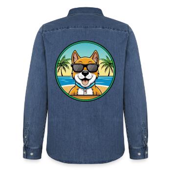 Cao Da Serra De Aires Lunettes de soleil de dessin animé de race de chien - Chemise en denim homme bio Stanley/Stella - bleu moyen délavé  - Dos - AI Model Male 185 light (185cm)