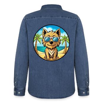 Cairn Terrier Hund Rasse Cartoon Sonnenbrille Strand - Männer Jeanshemd Organic von Stanley/Stella - verwaschenes Mittelblau  - Hinten - AI Model Male 185 light (185cm)