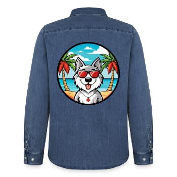 Kanadische Eskimo Hunderasse Cartoon Sonnenbrille Strand - Männer Jeanshemd Organic von Stanley/Stella - verwaschenes Mittelblau  - Hinten - AI Model Male 185 light (185cm)