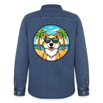 Cumberland Chien de berger Race Cartoon Lunettes de soleil Beach - Chemise en denim homme bio Stanley/Stella - bleu moyen délavé  - Dos - AI Model Male 185 light (185cm)