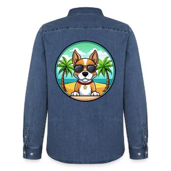 Brazilian Terrier Dog Breed Cartoon Sunglass Beach - Men’s Organic Denim Shirt by Stanley/Stella - mid washy  - Back - AI Model Male 185 light (185cm)