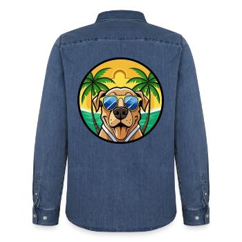 Brazilian Mastiff Dog Breed Cartoon Sunglass Beach - Men’s Organic Denim Shirt by Stanley/Stella - mid washy  - Back - AI Model Male 185 light (185cm)
