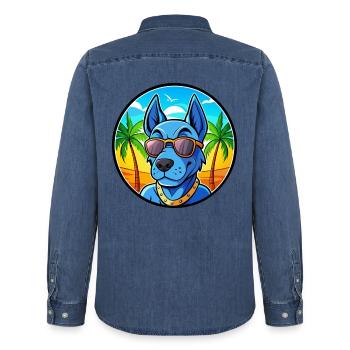 Blaue thailändische Ridgeback Hunderasse Cartoon Sonnenbrille - Männer Jeanshemd Organic von Stanley/Stella - verwaschenes Mittelblau  - Hinten - AI Model Male 185 light (185cm)