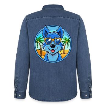 Blauer Paul Terrier Hund Rasse Cartoon Sonnenbrille Strand - Männer Jeanshemd Organic von Stanley/Stella - verwaschenes Mittelblau  - Hinten - AI Model Male 185 light (185cm)