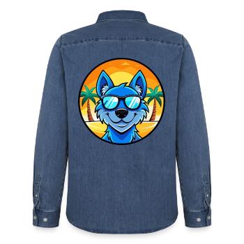 Blaue Spitzenhunderasse Cartoon Sonnenbrille Strand - Männer Jeanshemd Organic von Stanley/Stella - verwaschenes Mittelblau  - Hinten - AI Model Male 185 light (185cm)
