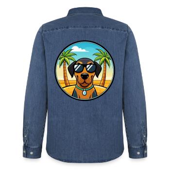 Noir Et Tan Coonhound Race Chien Dessin Animé Plage - Chemise en denim homme bio Stanley/Stella - bleu moyen délavé  - Dos - AI Model Male 185 light (185cm)