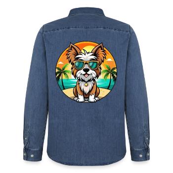 Biewer Terrier Hund Rasse Cartoon Sonnenbrille Strand - Männer Jeanshemd Organic von Stanley/Stella - verwaschenes Mittelblau  - Hinten - AI Model Male 185 light (185cm)