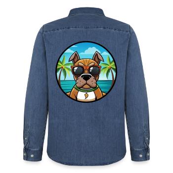 Boxer Hund Rasse Cartoon Sonnenbrille Strand - Männer Jeanshemd Organic von Stanley/Stella - verwaschenes Mittelblau  - Hinten - AI Model Male 185 light (185cm)
