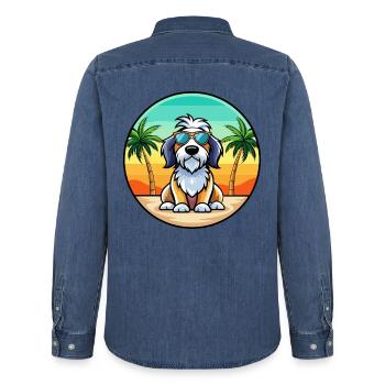 Basset Griffon Vendéen Hunderasse Cartoon Beach - Männer Jeanshemd Organic von Stanley/Stella - verwaschenes Mittelblau  - Hinten - AI Model Male 185 light (185cm)