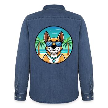 Australian Cattle Dog Rasse Cartoon Sonnenbrille Strand - Männer Jeanshemd Organic von Stanley/Stella - verwaschenes Mittelblau  - Hinten - AI Model Male 185 light (185cm)