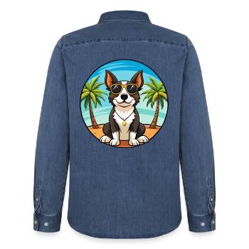 Appenzeller Sennenhund Hunderasse Cartoon Beach - Männer Jeanshemd Organic von Stanley/Stella - verwaschenes Mittelblau  - Hinten - AI Model Male 185 light (185cm)