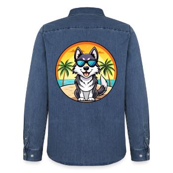 Alaskan Malamute Hunderasse Cartoon Sonnenbrille Strand - Männer Jeanshemd Organic von Stanley/Stella - verwaschenes Mittelblau  - Hinten - AI Model Male 185 light (185cm)