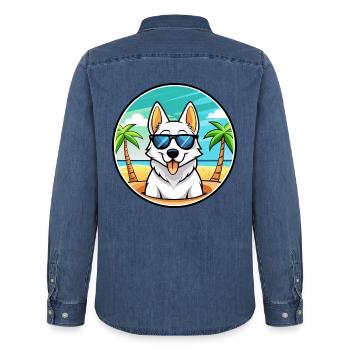 White Shepherd Dog Breed Cartoon Sunglasses Beach - Men’s Organic Denim Shirt by Stanley/Stella - mid washy  - Back - AI Model Male 185 light (185cm)