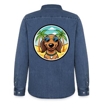 Teckel de Westphalie Race De Chien Dessin Animé Plage - Chemise en denim homme bio Stanley/Stella - bleu moyen délavé  - Dos - AI Model Male 185 light (185cm)