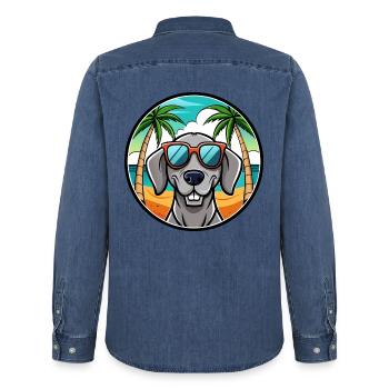 Braque de Weimar Race Chien Dessin Animé Lunettes De Soleil Plage - Chemise en denim homme bio Stanley/Stella - bleu moyen délavé  - Dos - AI Model Male 185 light (185cm)