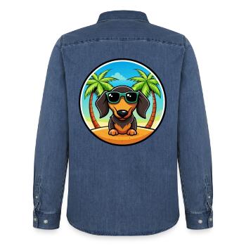 Lunettes de soleil de dessin animé de race de chien teckel à poil dur - Chemise en denim homme bio Stanley/Stella - bleu moyen délavé  - Dos - AI Model Male 185 light (185cm)