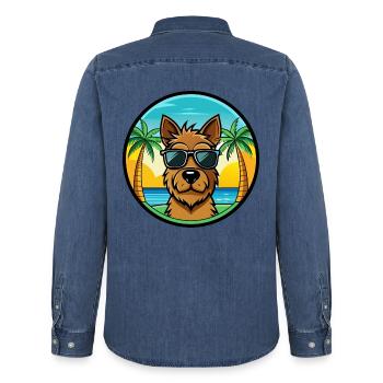 Welsh Terrier Hunderasse Cartoon Sonnenbrille Strand - Männer Jeanshemd Organic von Stanley/Stella - verwaschenes Mittelblau  - Hinten - AI Model Male 185 light (185cm)