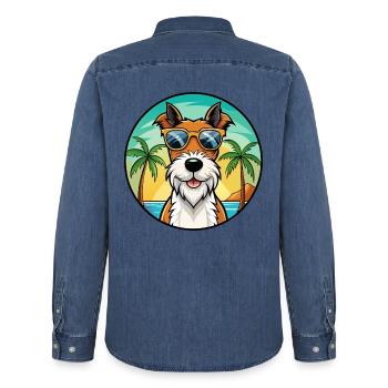 Draht Foxterrier Hunderasse Cartoon Sonnenbrille Strand - Männer Jeanshemd Organic von Stanley/Stella - verwaschenes Mittelblau  - Hinten - AI Model Male 185 light (185cm)